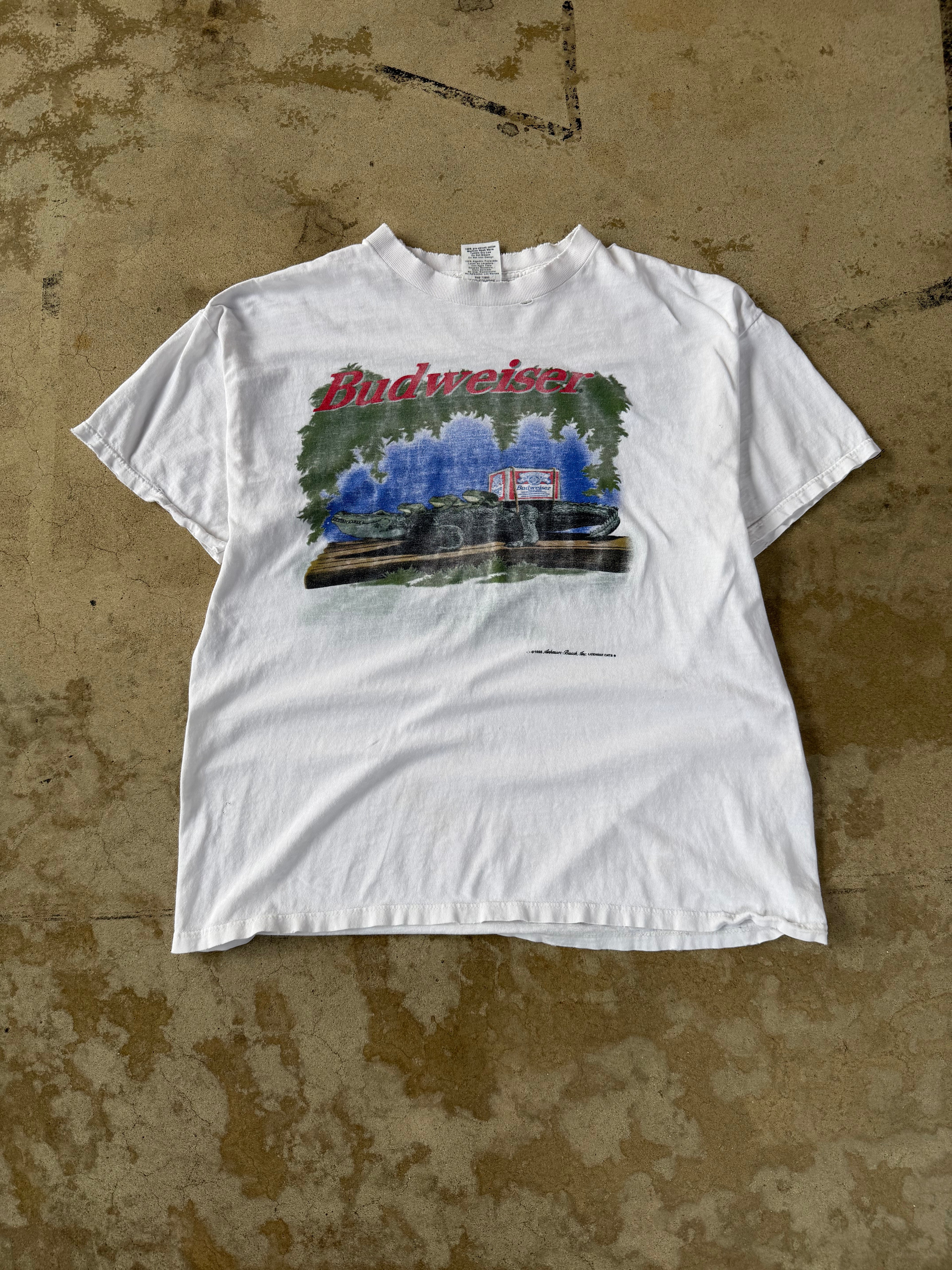90s Thrashed Budweiser Beer Alligator Promo Tee | XL