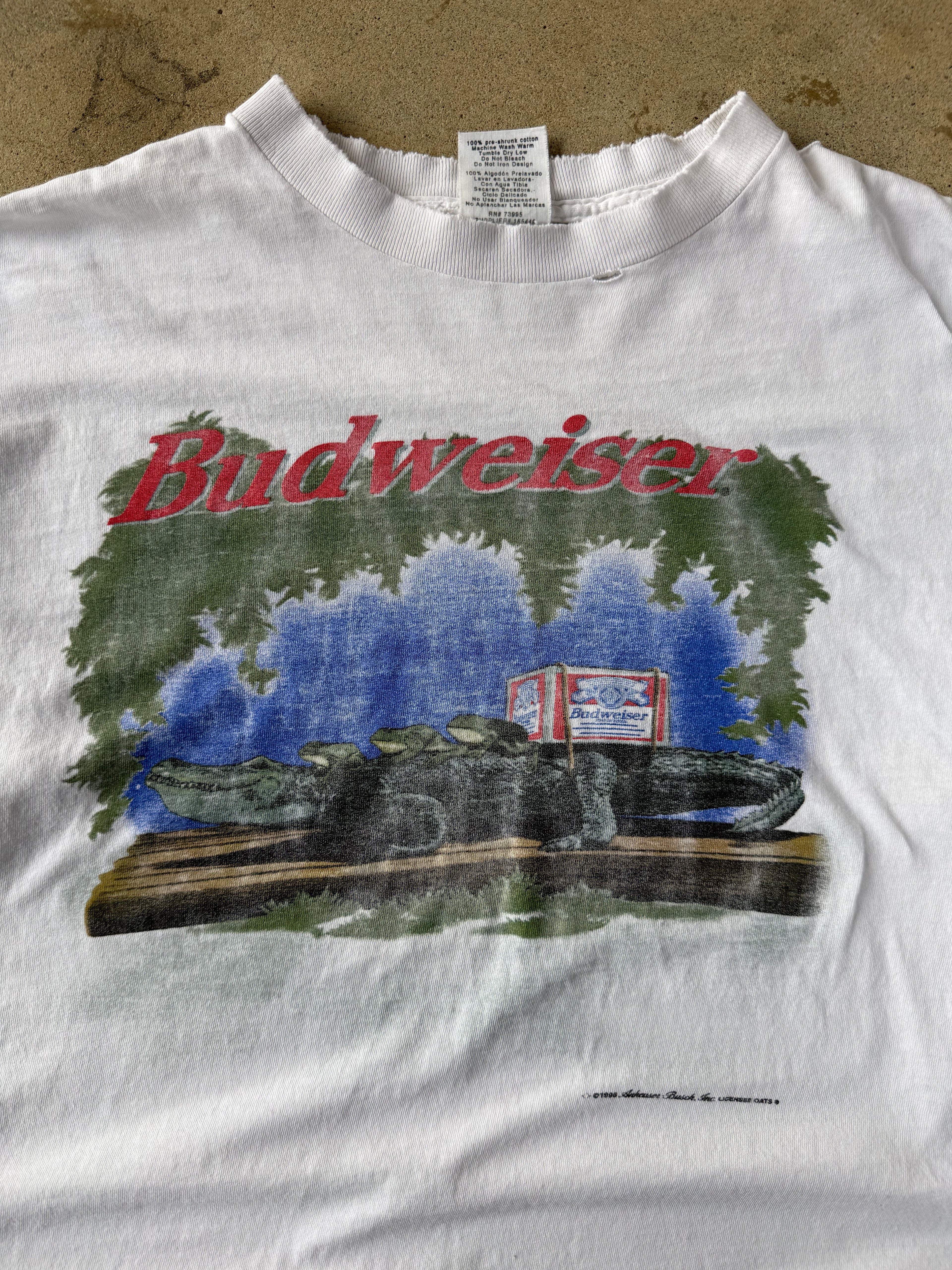 90s Thrashed Budweiser Beer Alligator Promo Tee | XL