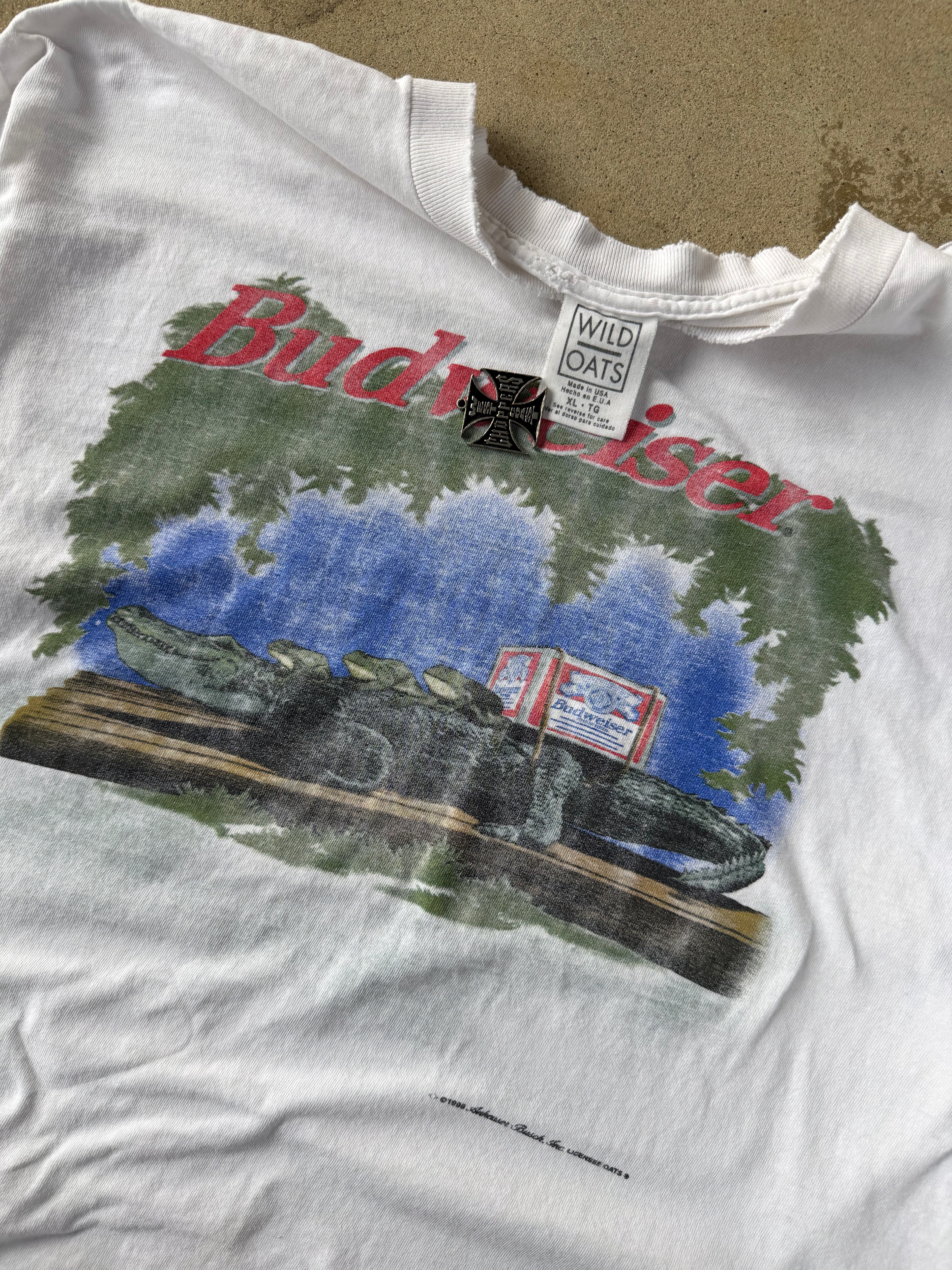90s Thrashed Budweiser Beer Alligator Promo Tee | XL